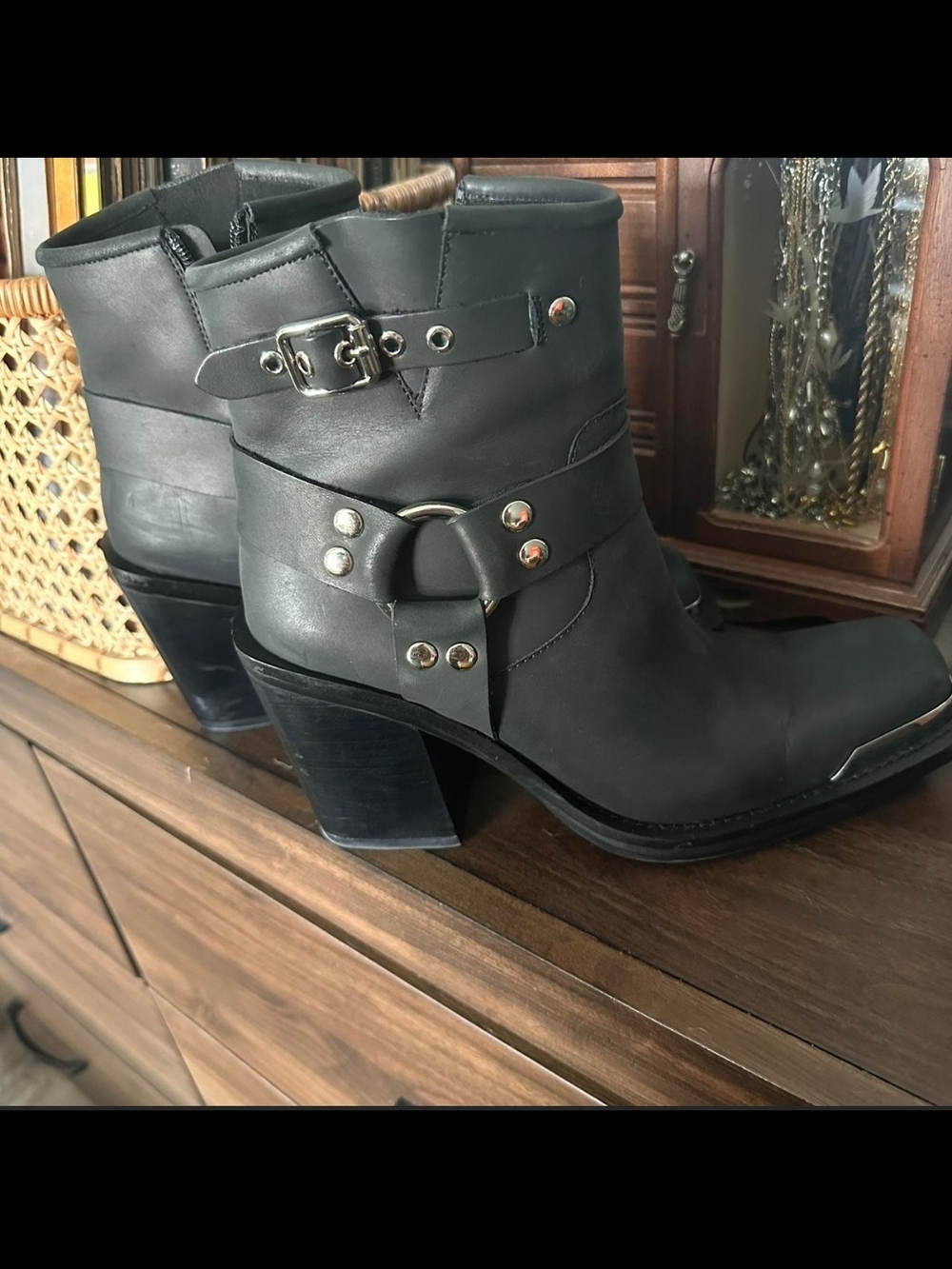 Jeffrey Campbell "Handler" Black Leather Ankle Boots with Studded Strap - Picture 2 of 6